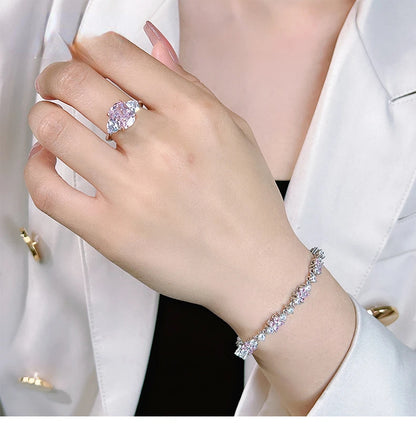 Luxury pink diamond Radian ice cut 925 silver ring set with high carbon diamond temperament versatile ice cut