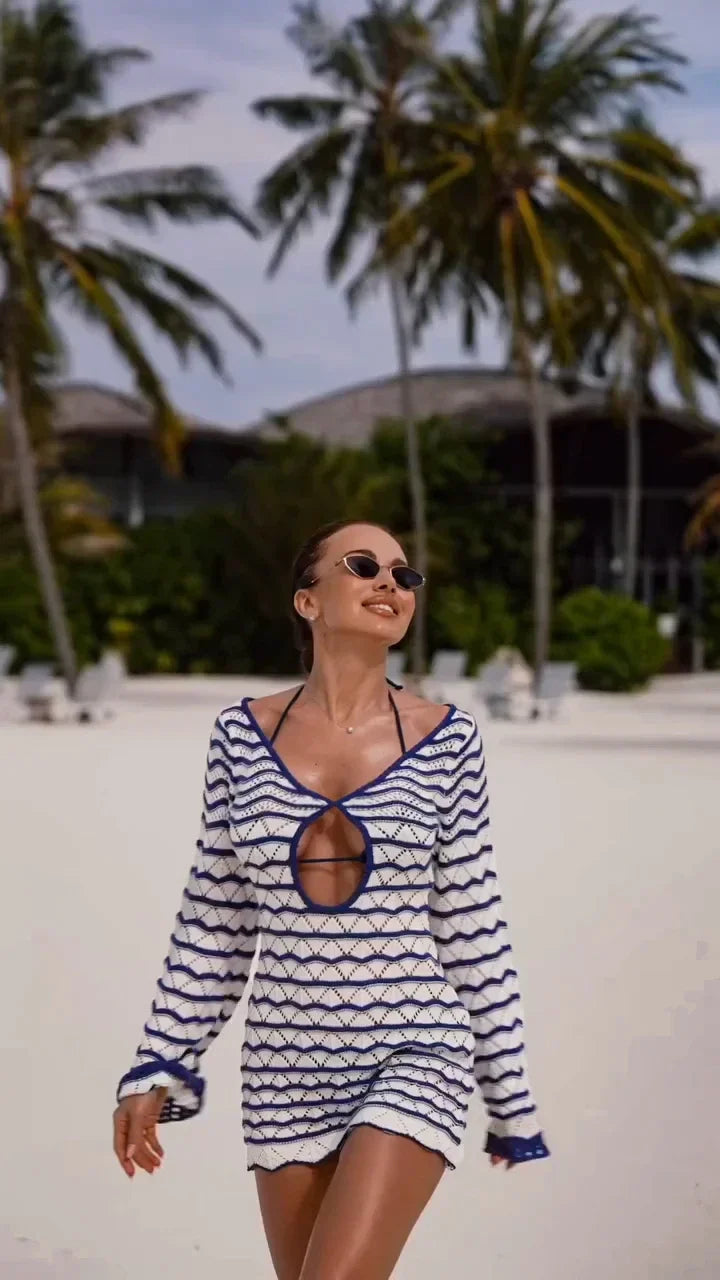 Boho Striped Chic V-neck Cut Out Bell Sleeve Knit Dress 2025 Summer Women Seaside Holiday Mini A-Line Dress K123