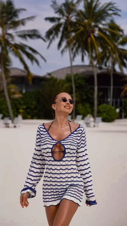 Boho Striped Chic V-neck Cut Out Bell Sleeve Knit Dress 2025 Summer Women Seaside Holiday Mini A-Line Dress K123