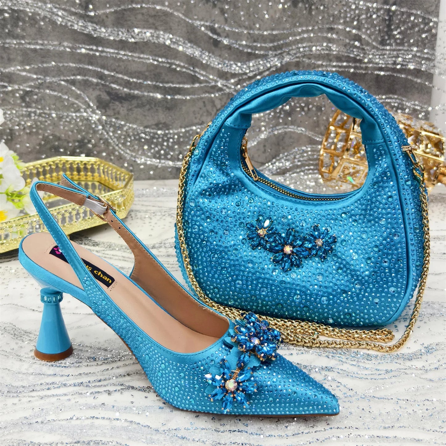 Pointed Toe High Heels Shoes and Bags Set With Rhinestone for Women Wedding Party Elegant Luxury Fashion in Sky Blue