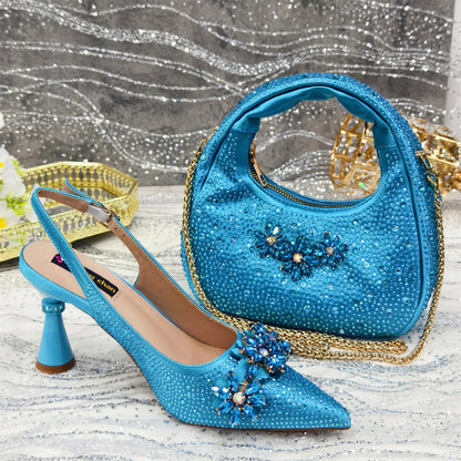 Pointed Toe High Heels Shoes and Bags Set With Rhinestone for Women Wedding Party Elegant Luxury Fashion in Sky Blue