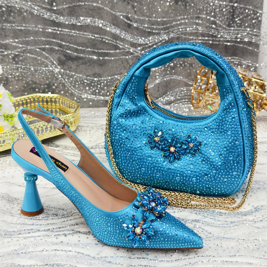 Pointed Toe High Heels Shoes and Bags Set With Rhinestone for Women Wedding Party Elegant Luxury Fashion in Sky Blue
