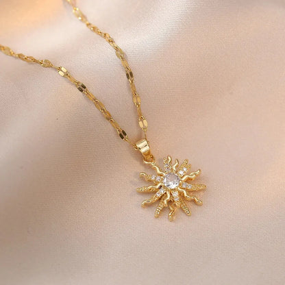 Rotating Flower Pendant Stainless Steel Chains Necklaces For Women Antique Gold Color White Zircon Sun Clavicle Necklace Jewelry
