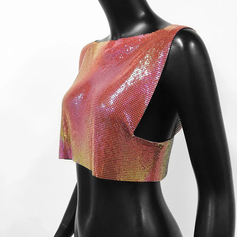 Sexy Metal Sequin Tank Top For Women y2k Summer Beach Backless Crop Top Rave Festival Club Outfits Camisole