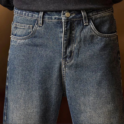 American Men's Y2K Retro Blue Denim Jeans Autumn Spring Relaxed Fit Korean Streetwear Casual Wide-leg Pants with Spliced Pockets
