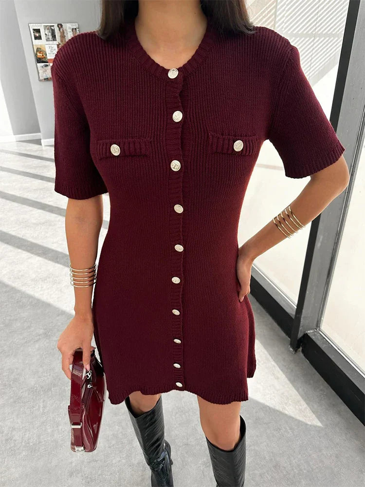 Elegant Knit Mini Dress Women Street Slim High Waist Short Sleeve Rib Sweater Dresses Vacation Bodycon Knitwear Dress