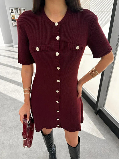 Elegant Knit Mini Dress Women Street Slim High Waist Short Sleeve Rib Sweater Dresses Vacation Bodycon Knitwear Dress