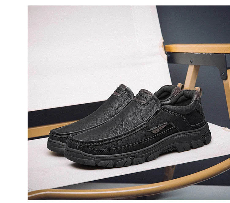 Men's Casual Loafers Handmade Breathable Leather Shoes with Thick Rubber Sole Comfortable Footwear Classic Hand Sewn Seams