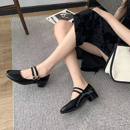 2025 New Women's Burgundy Patent Leather Mary Jane Pumps - Vintage-Inspired Double Gold Buckle Low Block Heel Dress Shoes