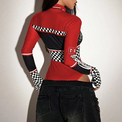 Spring Autumn Y2k Women's Race Car Driver Shapewear Bodysuit Turtleneck Long Sleeve Zip Up Costume Graphic Racer Streetwear Tops