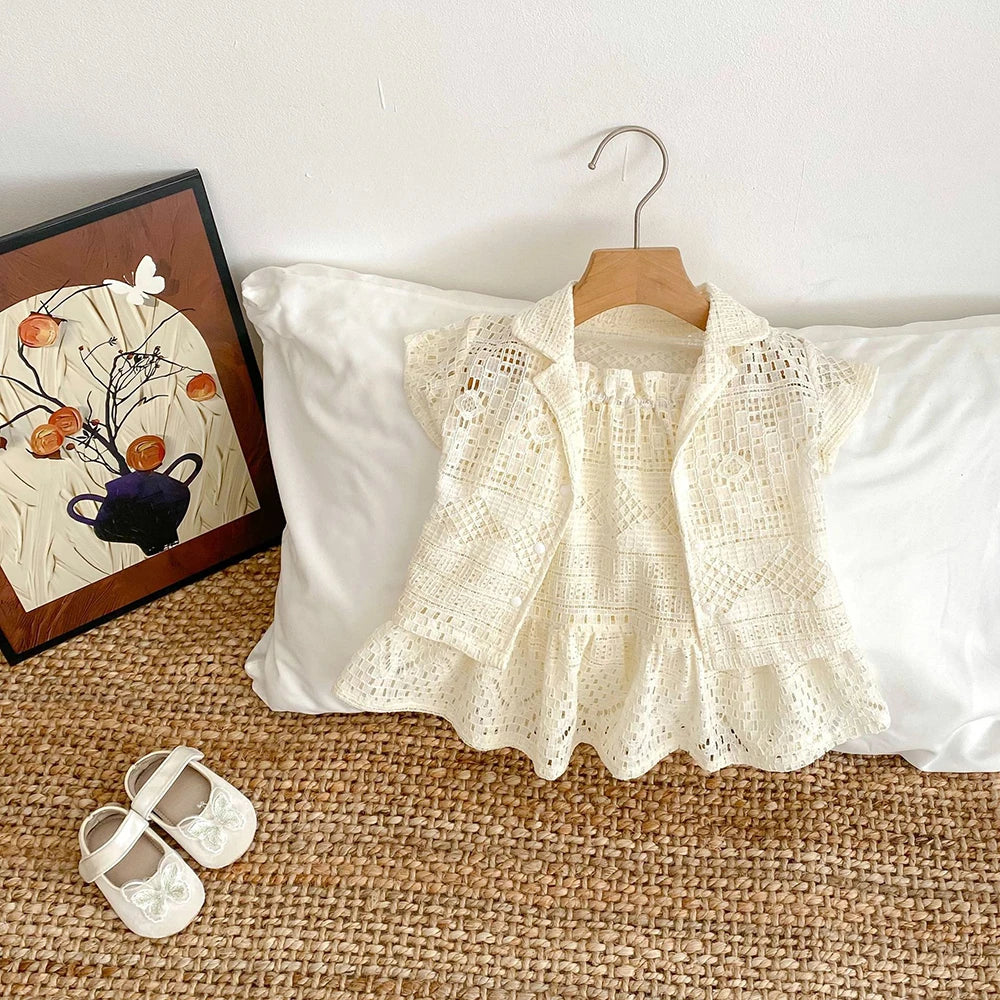 2025 New Summer Girls Lace Hollow Out Ruffled Straps Princess Dress Kids Party Dresses Baby Girls Fashion Summer Outfit