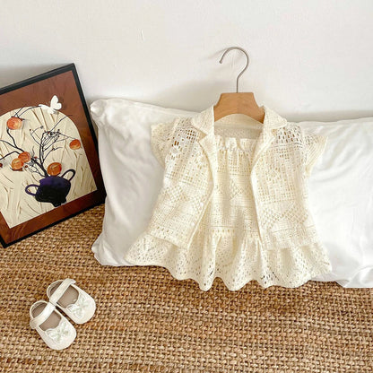 2025 New Summer Girls Lace Hollow Out Ruffled Straps Princess Dress Kids Party Dresses Baby Girls Fashion Summer Outfit