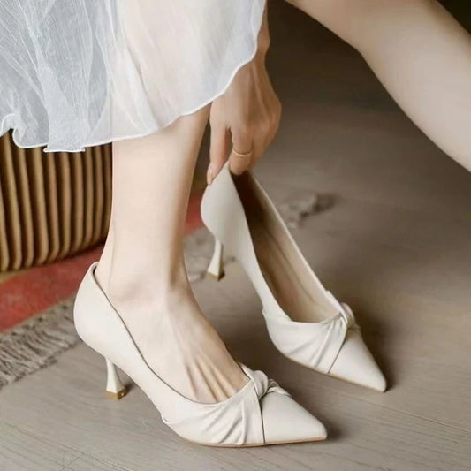2026 New Women's Pointed Toe Stiletto Heels, Elegant Beige Ruched Pumps, Comfortable Commuter Shoes for Wedding Party Dress