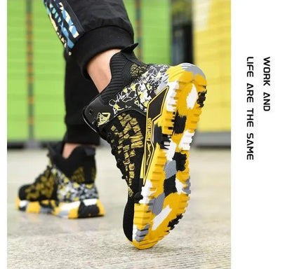 Men's All Seasons Safety Shoes Breathable Flying Woven Steel Toe Cap Impact Resistant Puncture Proof mid Cut Sneakers