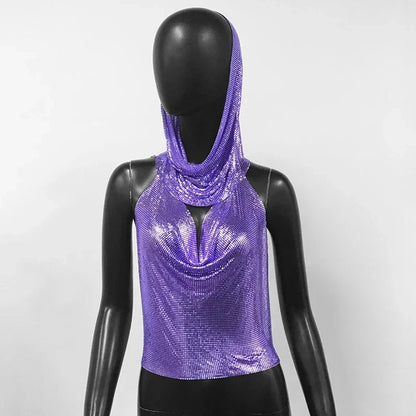 Fashion Metal Sequined Y2k Women Crop Top Tank Tops with Headscarf Metallic Sequins Sexy Backless Hollow Out Halter Corset top