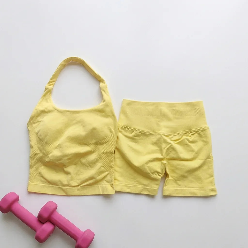 Sexy Halter Neck Beautiful Back High Waist Peach Sports Bras Shorts Suit Pilates Gathering Yoga Vest Training Fitness Bra Sets