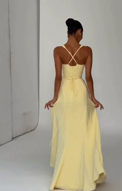Women Yellow Low Cut Backless High Waisted Dress Lace Up Sleeveless Waist Cincher Spaghetti Strap Vestidos Party Club Women Robe