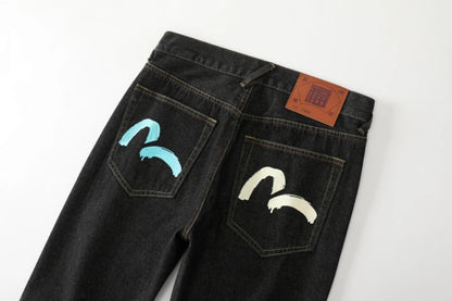 Men's Japanese Handmade Embroidered Cotton Jeans Straight Tube Slim Fit Hip-Hop Trousers Red Ear Detail Devil Big M Golden Text