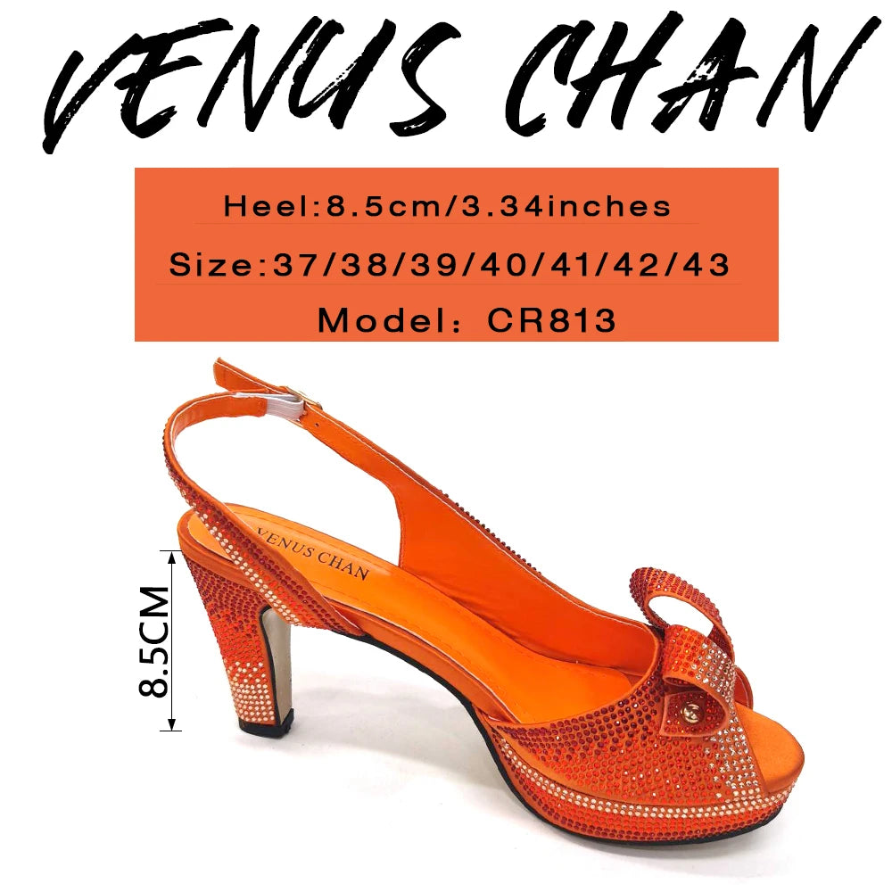 Newest INS Style Peach Color Rhinestone Elegant High Heels Nigeria Popular Design African Ladies Shoes And Bag Set