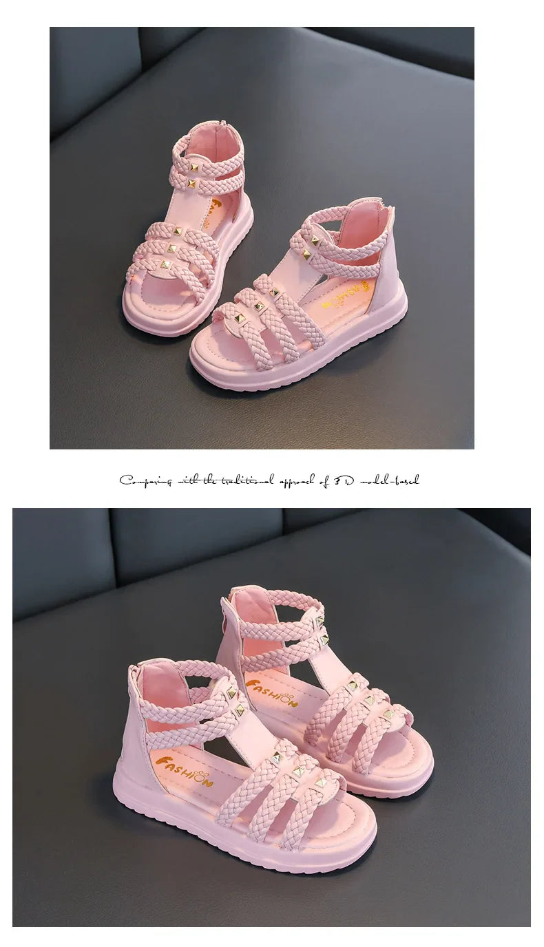 2026 Summer Gladiator Children Sandals Girl Soft Princess Shoes Retro Black Roman Sandal Outdoor Braided Shoe White Kids Shoes