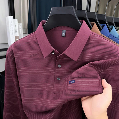 2025 long sleeved men's spring and autumn collar striped pullover top with loose pockets polo shirt