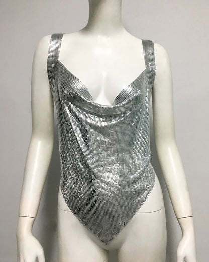 Shiny Metal Sequin Party Tank Top For Women Sexy Deep V Neck Backless Off The Shoulder Camisole Rave Nightclub Crop Top 2024 New