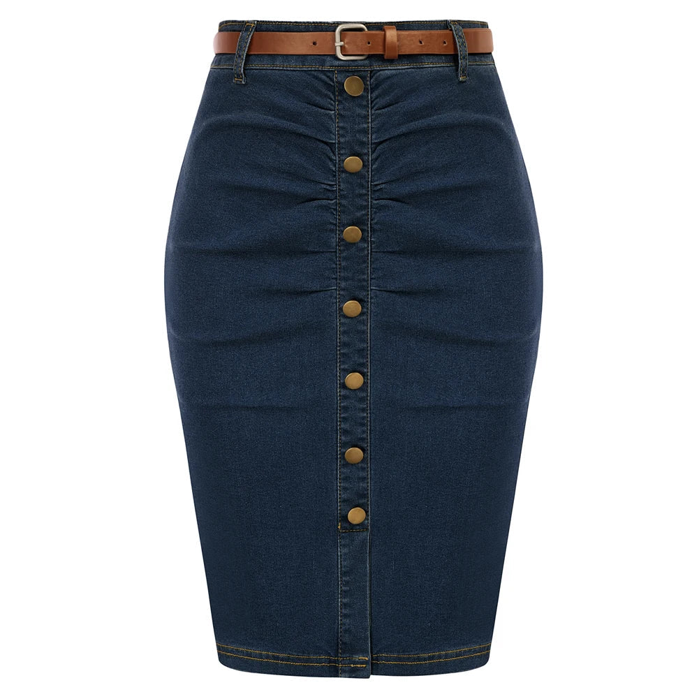 BP Women Vintage Jean Skirt With Belt High Waist Ruched Front Bodycon Skirt