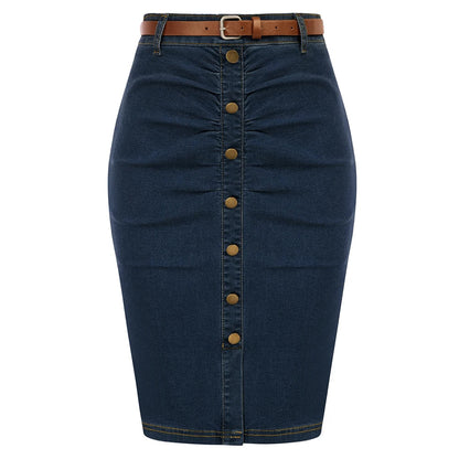 BP Women Vintage Jean Skirt With Belt High Waist Ruched Front Bodycon Skirt