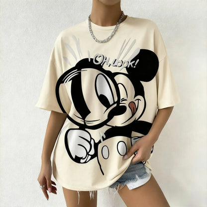 Summer Mickey Mouse Oh Look Printed Women Tshirt Cartoon Graphic Tee Oversized Vintage Streetwear Fashion Y2k Tops