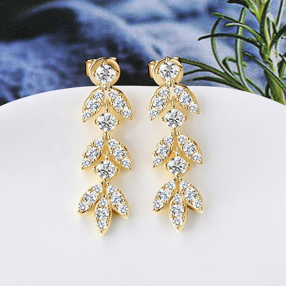 0.6cttw Long Tassel Moissanite Diamond Drop Earrings for Women 925 Sterling Silver Plated Gold Luxury Leaf Earrings Fine Jewelry