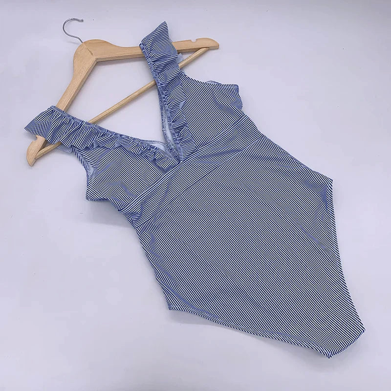 Sexy One Piece Swimsuit 2023 Women Striped Ruffled Swimwear Women Vintage Print Monokini Female Bodysuit Girl Beach Bathing Suit