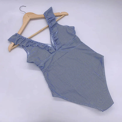 Sexy One Piece Swimsuit 2023 Women Striped Ruffled Swimwear Women Vintage Print Monokini Female Bodysuit Girl Beach Bathing Suit