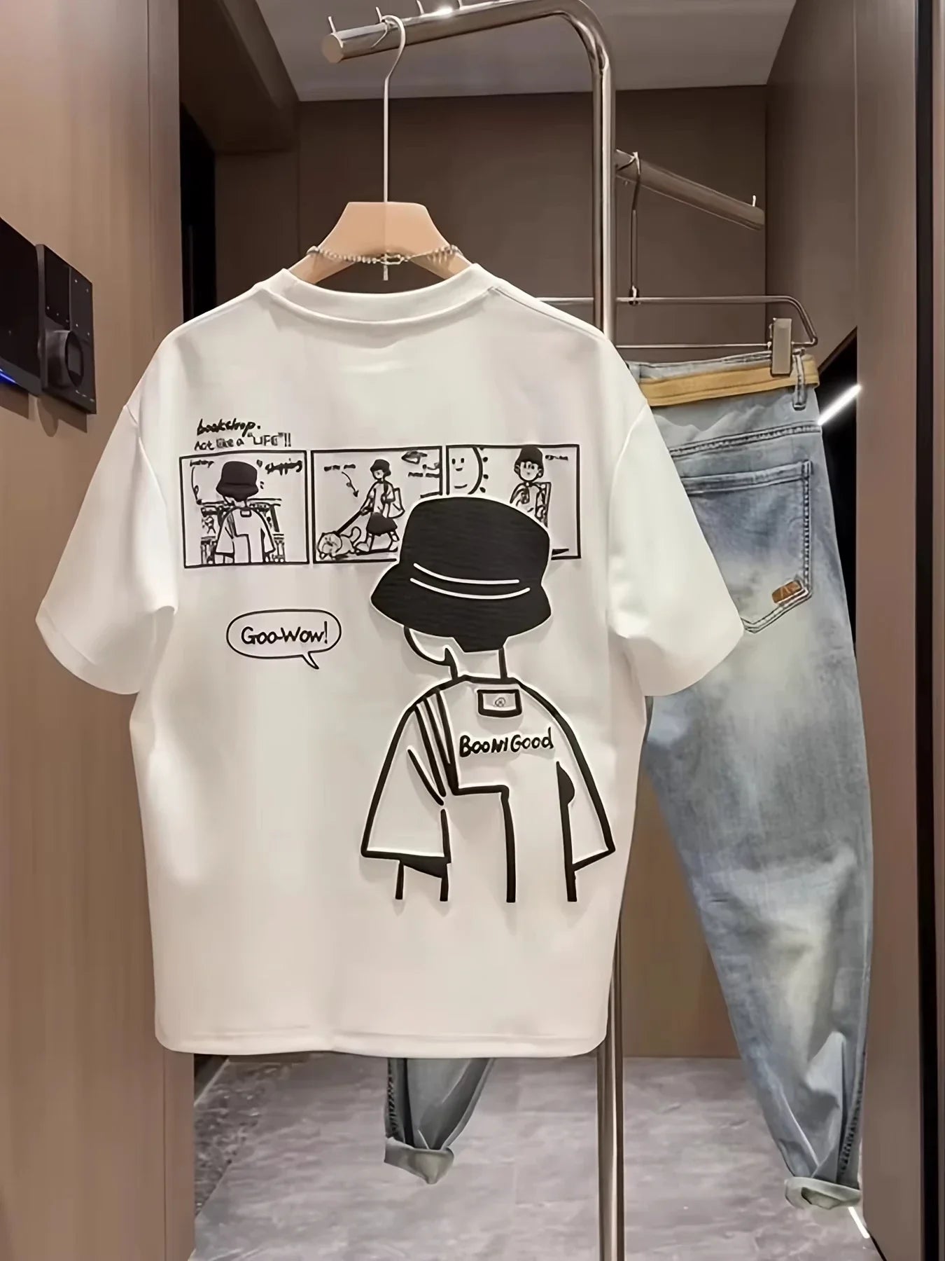 2026 summer Men'S 100% Cotton T-Shirt  Casual Short-SleeveRound Neck Retro comic style Versatile for Loose Y2K Harajuku shirt