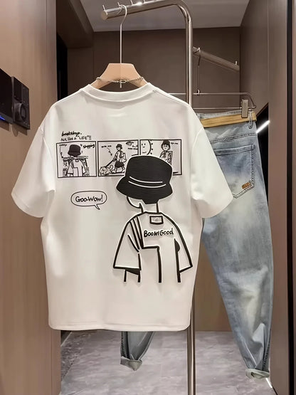 2026 summer Men'S 100% Cotton T-Shirt  Casual Short-SleeveRound Neck Retro comic style Versatile for Loose Y2K Harajuku shirt