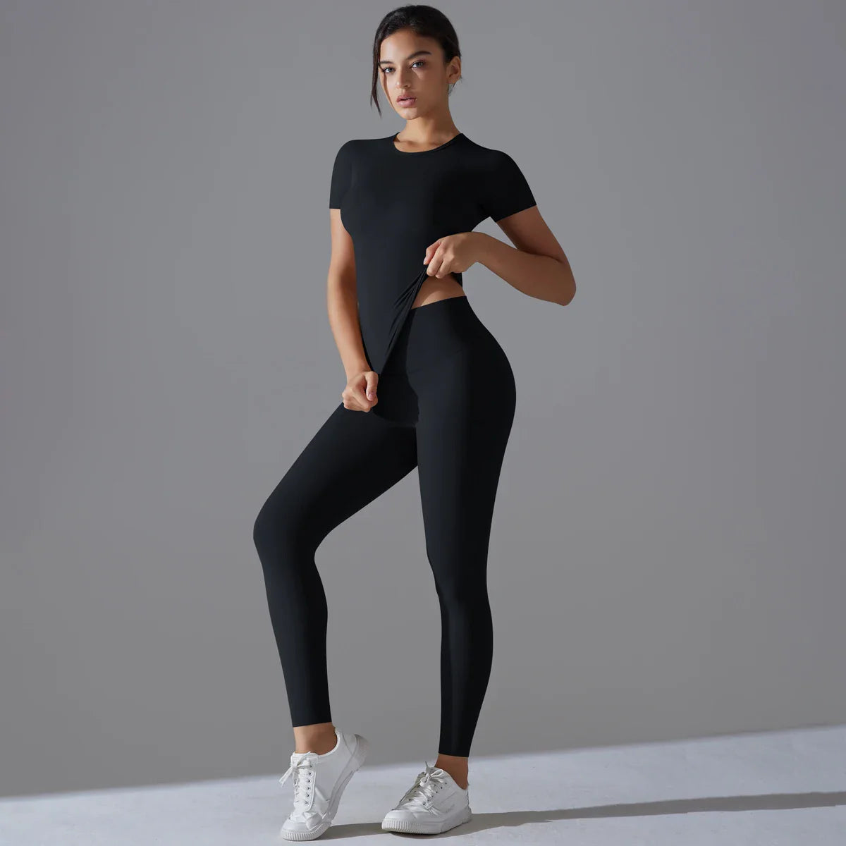 Yoga Set Women Workout Set Sportswear Gym Clothing Fitness Shorts Sleeve Crop Top High Waist Leggings Sports Suits