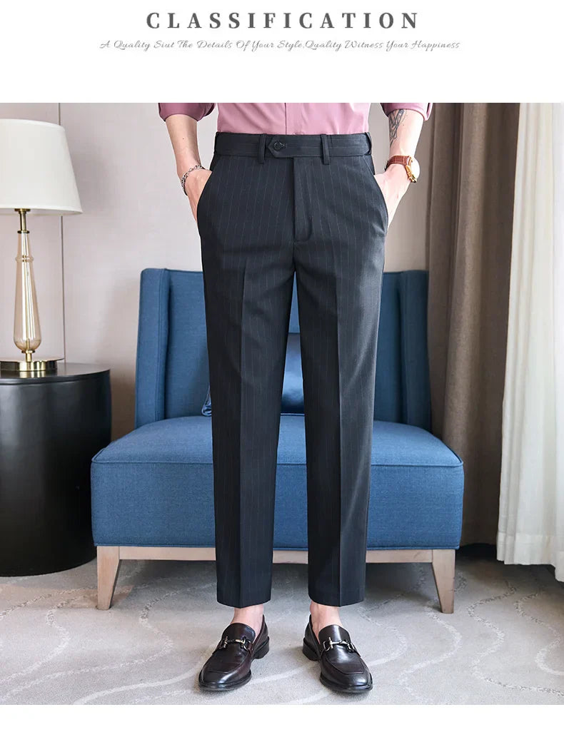 Men's Tailored Striped Dress Pants with Adjustable Waistband – Sleek Vertical Design for Business Formal & Modern Sophistication