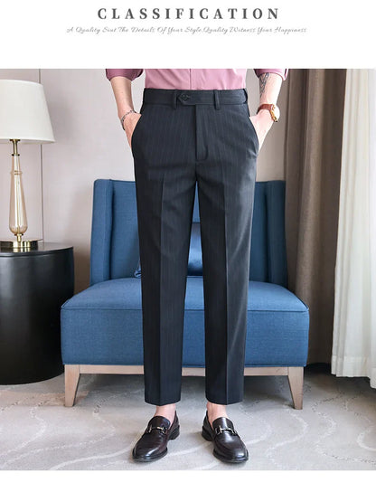 Men's Tailored Striped Dress Pants with Adjustable Waistband – Sleek Vertical Design for Business Formal & Modern Sophistication