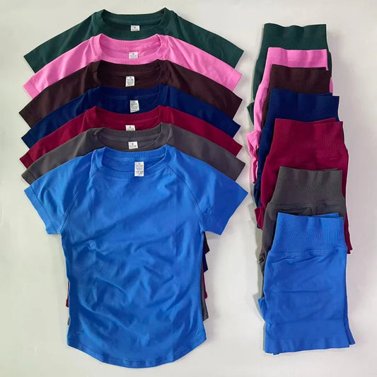 2 Piece Sets Women Outfit Longline Short Sleeve Gym Crop Top High Waist Workout Shorts Sports Suit Fitness Clothes Yoga Set