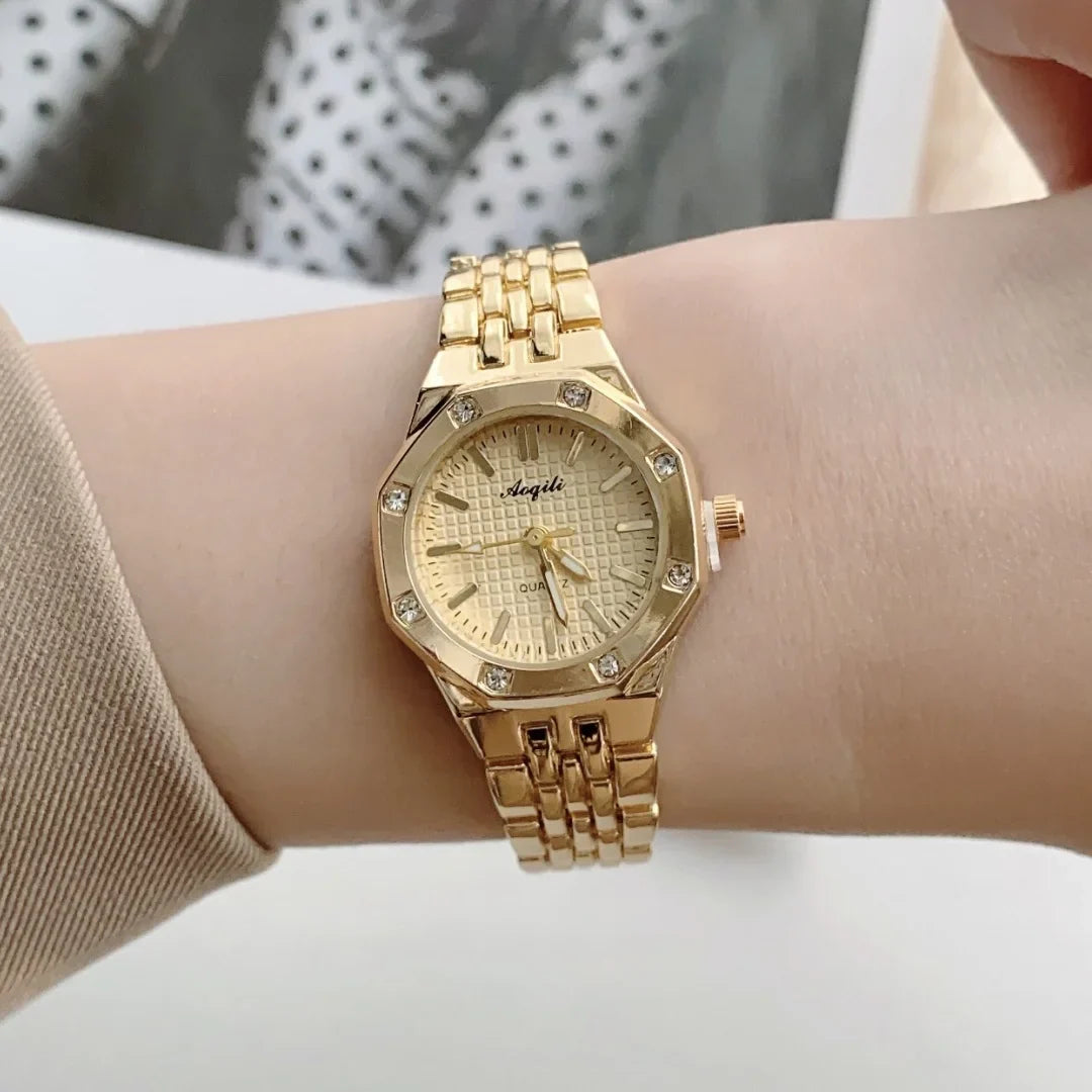 Women's Fashion Round Room Gold Steel Band Quartz Wristwatch Luxury Ladies Golden Watch for Women Clock Female Reloj