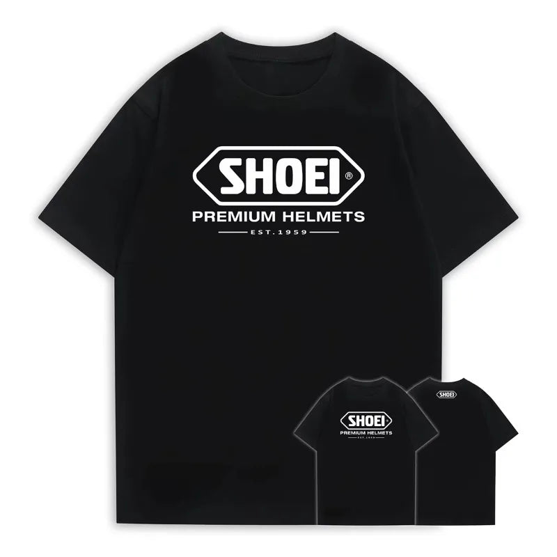 A Black Round-neck Short-sleeved T-shirt with A Classic Japanese SHOEI Motorcycle Racing Helmetthe Same Style As Marquis Summer