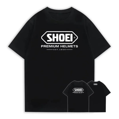 A Black Round-neck Short-sleeved T-shirt with A Classic Japanese SHOEI Motorcycle Racing Helmetthe Same Style As Marquis Summer
