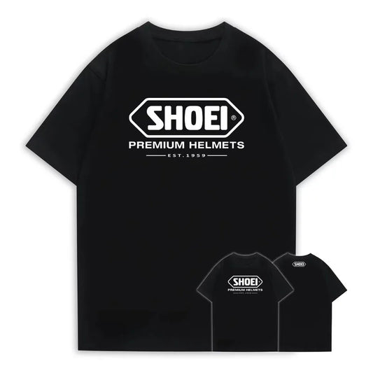 A Black Round-neck Short-sleeved T-shirt with A Classic Japanese SHOEI Motorcycle Racing Helmetthe Same Style As Marquis Summer