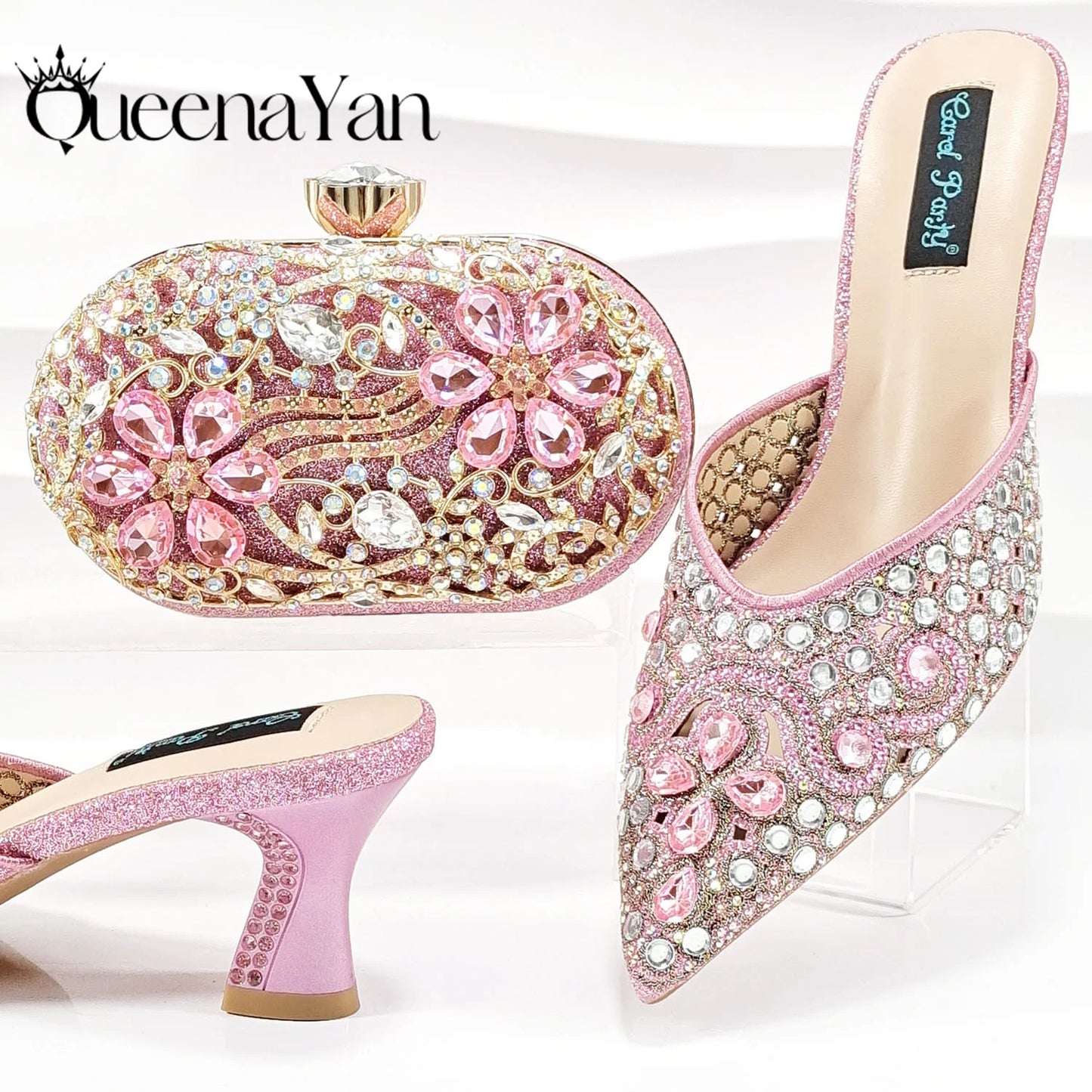 Nigerian Design Comfortable Women's Shoes with Diamond Oval Bag Women's High Heels for Party or Work