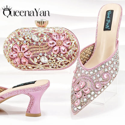 Nigerian Design Comfortable Women's Shoes with Diamond Oval Bag Women's High Heels for Party or Work