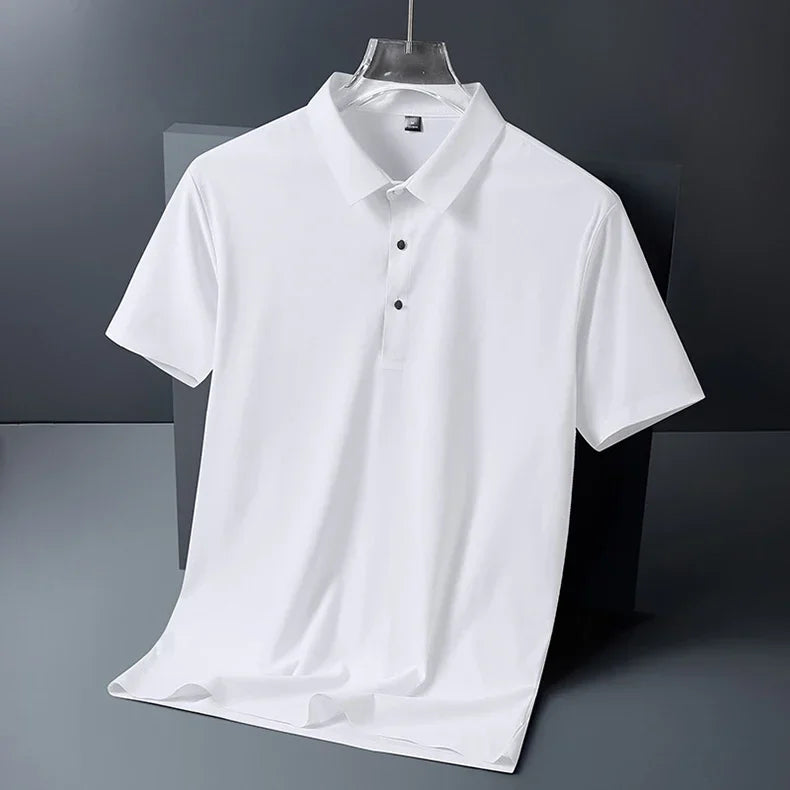 Summer Ice Silk Polo Shirt High-End T-Shirt Solid Color New Half Sleeve Non-Marking Casual Lapels Business Thin Menswear 2025