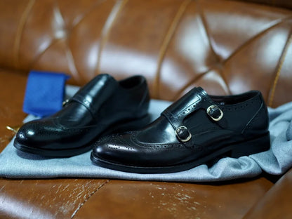 Classic Men Genuine Leather Dress Shoes Brogue Double Buckle Monk Strap Metal Buckle Business Office Wedding Formal Shoes