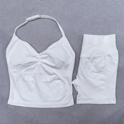 2 Pieces Yoga Set Women Backless Halter Tops High Waist Seamless Shorts Gym Suit Fitness Clothes Sportswear Workout Sets
