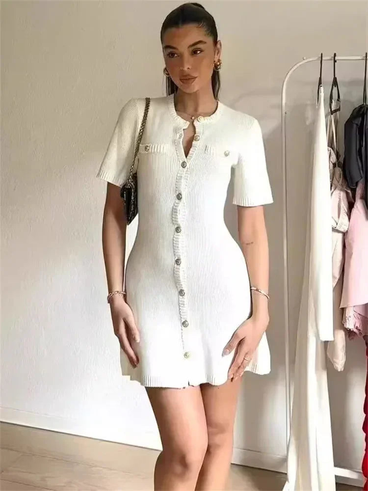 Elegant Knit Mini Dress Women Street Slim High Waist Short Sleeve Rib Sweater Dresses Vacation Bodycon Knitwear Dress