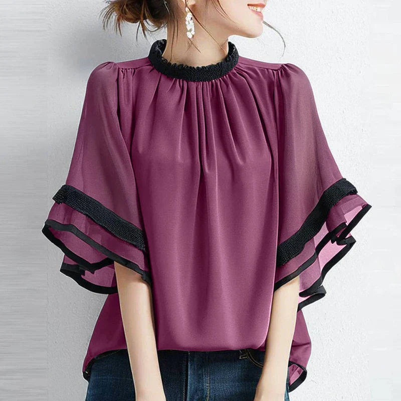Fashion Summer Shirt O Neck Short Flare Sleeve Work Tops Tunic Loose Chemise Mujer