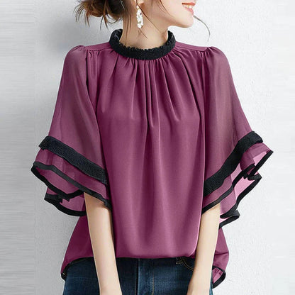 Fashion Summer Shirt O Neck Short Flare Sleeve Work Tops Tunic Loose Chemise Mujer